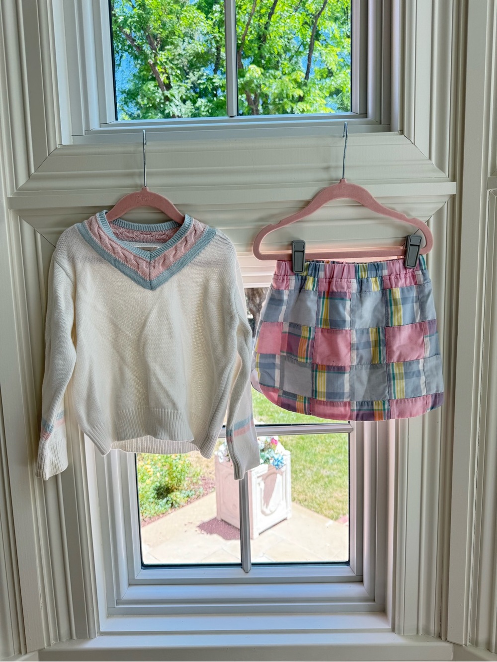 Girls Pastel Plaid Skirt & White V-Neck Sweater Set